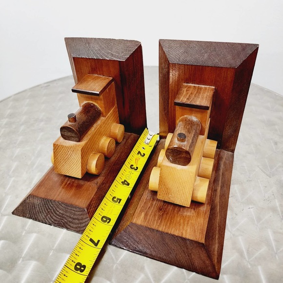 Vintage Wooden Hand Made Train Bookends Library Primitive Classic Americana - Picture 14 of 16